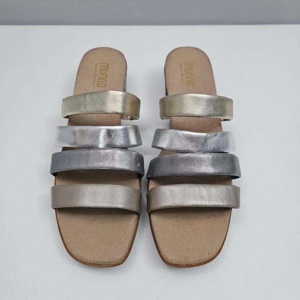 Munro Adrianne Metallic Strappy Sandal Womens 10 NARROW Taupe Leather Slide